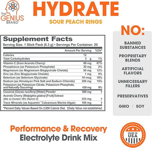 The Genius Brand Genius Hydrate - Electrolyte Supplement for Daily Hydration - Coconut Water - Sugar-Free - 8 Essential Minerals & Nutrients - Non-GMO - Sour Peach Rings - 20 Servings