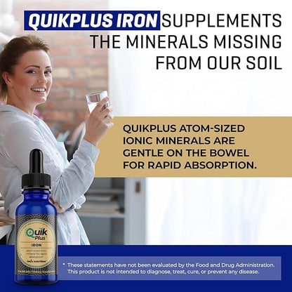 QuikPlus Iron Ionic Liquid Mineral Supplement for Hemoglobin & Ferritin – High Absorption Iron Supplement for Adults – Vegan, Gluten-Free, All Natural – 2 oz Bottle