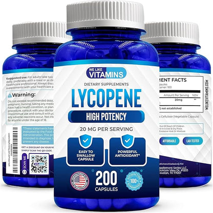 We Like Vitamins Lycopene Supplements for Men & Women - Lycopene 20mg Per Serving - 200 Capsules - Super Antioxidant which Helps Support Immune System and Prostate Health