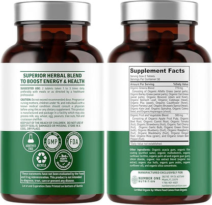 USDA Organic Superfood Greens [28 Powerful Ingredients] Natural Super Greens Capsules, Fruit and Veggie Supplement with Alfalfa, Beet Root and Ginger to Support Energy and Immunity, 60 Tablets