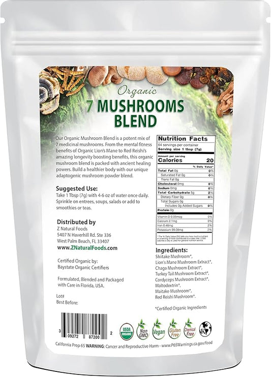 Z Natural Foods Organic 7 Sacred Mushrooms Blend - Mushroom Powder for Immune Health - Lion’s Mane, Cordyceps, Chaga, Red Reishi, Shiitake, Maitake & Turkey Tail Extract for Coffee, Smoothies, 1 lb