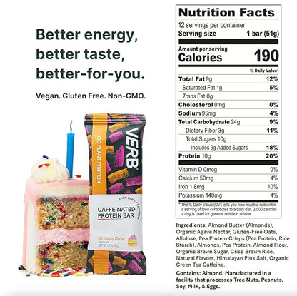 Verb Energy - Caffeinated Protein Bars Birthday Cake 10g Plant Based Protein Bars High Protein - Vegan Snack - Gluten Free Breakfast Snack with Organic Green Tea, 51g (Pack of 12)