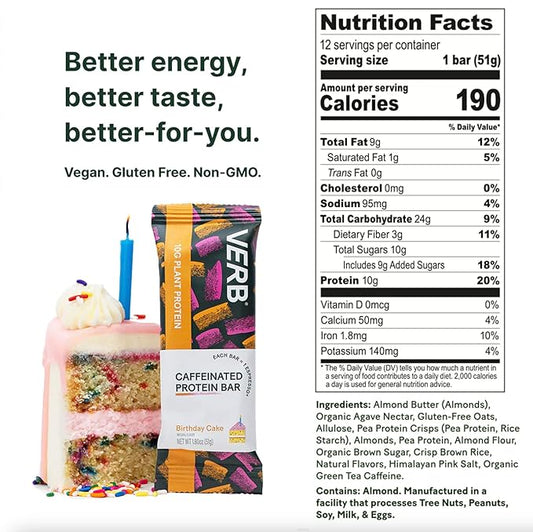 Verb Energy - Caffeinated Protein Bars Birthday Cake 10g Plant Based Protein Bars High Protein - Vegan Snack - Gluten Free Breakfast Snack with Organic Green Tea, 51g (Pack of 12)