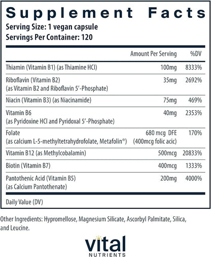 Vital Nutrients Vitamin B-Complex | Vegan High-Potency Methylated B Complex Vitamins | B Vitamins Support Energy Production, Metabolism, and Heart Health* | Gluten, Dairy, Soy Free | 120 Capsules