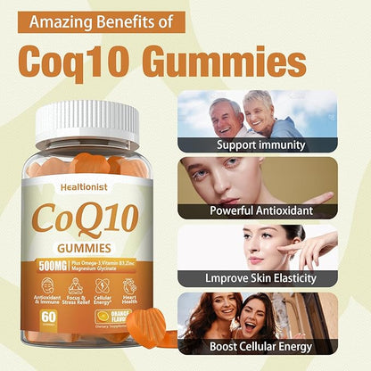 2 Pack 500MG Coq10 Gummies - 3X Better Absorption, Plus Omega-3, Magnesium, Vitamin B3 & Zinc - Coenzyme Q10 Supplements for Heart Health, Cellular Energy & Antioxidant, Vegan, 120 Counts