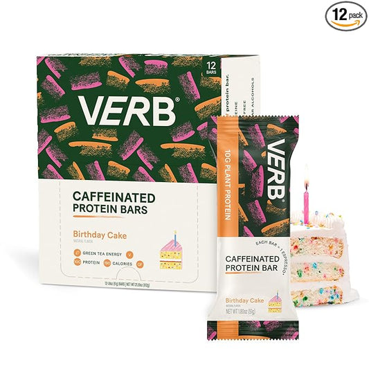 Verb Energy - Caffeinated Protein Bars Birthday Cake 10g Plant Based Protein Bars High Protein - Vegan Snack - Gluten Free Breakfast Snack with Organic Green Tea, 51g (Pack of 12)