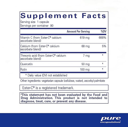 Pure Encapsulations Ester-C & Flavonoids - Vitamin C Supplement for Antioxidants - Immune & Vascular Support* with Calcium & Rutin - Gentle on Digestion - Vegan & Non-GMO - 90 Capsules