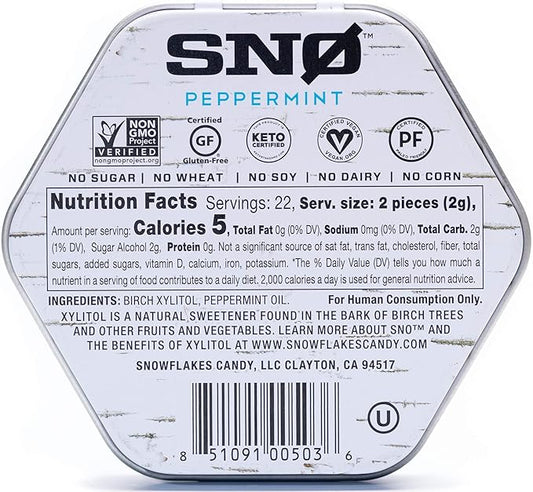 Peppermint KETO Xylitol Candy Chips (6-Pack) - SNØ 1.5oz Tin - Sugar-Free Candy With Only 2 Ingredients | Low Carbs, Diabetic-Friendly, Non-GMO, Vegan, GF & Kosher | Purest candy in the world