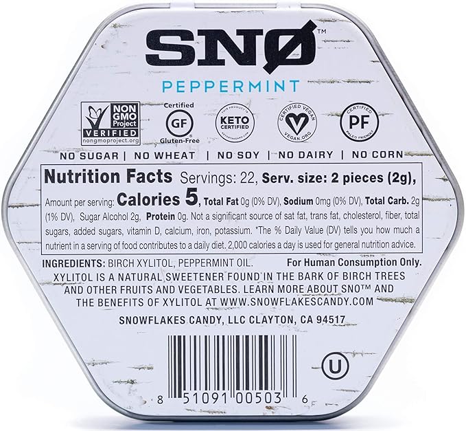 Peppermint KETO Xylitol Candy Chips (3-Pack) - SNØ 1.5oz Tin - Sugar-Free Candy With Only 2 Ingredients | Low Carbs, Diabetic-Friendly, Non-GMO, Vegan, GF & Kosher | Purest candy in the world!