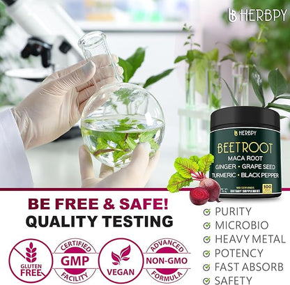 6in1 Beetroot Supplement with Maca Root, Grape Seed, Ginger, Turmeric and Black Pepper for Heart Health & Immune Support - 100 Vegan Capsules