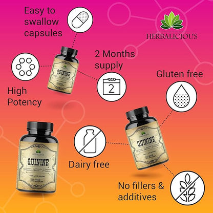 Quinine Capsules - Cinchona Officinalis Bark Herbal Supplement for Muscle, Cramp Defense and Overall Digestive Health - All-Natural Quinine Sulfate Pills, 500mg per Capsule, 100 Tablets
