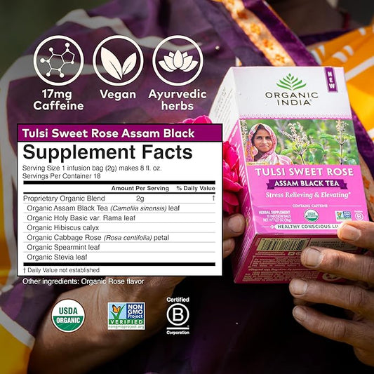 Organic India Tulsi Sweet Rose Assam Black Tea - Stress Relieving & Elevating, 17mg of Caffeine Per Cup, With Ayurvedic Herbs, Vegan, USDA Organic, Non-GMO - 18 Rose Tea Bags (Pack of 3)