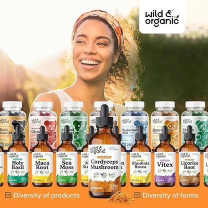 Wild & Organic Cordyceps Tincture - Cordyceps Sinensis Mushroom Extract for Immune & Energy Support - Liquid Mushroom Supplement - Vegan, Sugar & Alcohol-Free Drops - 4 fl oz