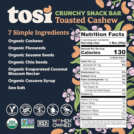 Tosi Cashew Protein Bars, Plant Based with Nuts, Gluten-Free Crunchy Snacks, Vegan, Organic, Flax & Chia Seeds, Soy-Free, Omega 3s, 5G Protein, 1 oz, 12-Pack