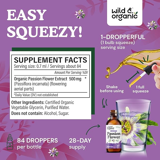 Wild & Organic Passionflower Tincture - Relaxing Passion Flower Drops for Women - Liquid Passiflora Incarnata Herb - Vegan, Sugar & Alcohol-Free Extract Supplement - 2 fl oz