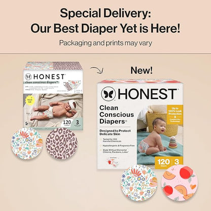 The Honest Company Clean Conscious Diapers for Delicate Skin | Up to 100% Leakproof | Hypoallergenic, Fragrance Free | Girl Prints | Super Club Box, Size 3 (16-28 lbs), 120 Count (Prints May Vary)