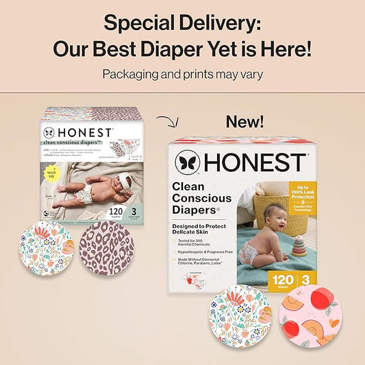 The Honest Company Clean Conscious Diapers for Delicate Skin | Up to 100% Leakproof | Hypoallergenic, Fragrance Free | Girl Prints | Super Club Box, Size 3 (16-28 lbs), 120 Count (Prints May Vary)