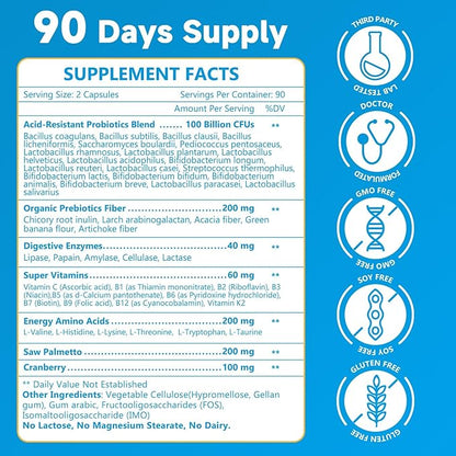 NATURE TARGET Probiotics for Men, 100 Billion CFUs Probiotics for Digestive Health with Enzymes & Prebiotics, 180 Veg Capsules, Mens Probiotic for Gut & Bloating, with Saw Palmetto for Prostate Health