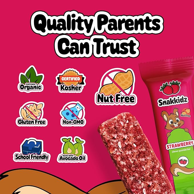 Snakkidz Organic Chewy Granola Bar, Allergen Free, Made with Avocado Oil, Low Sugar (15 Bars, Strawberry)