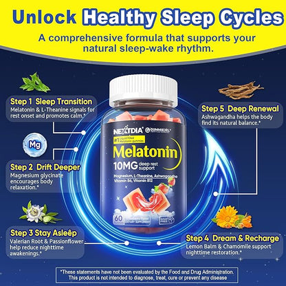 2 Pack Sugar Free Melatonin Gummies 10mg 20mg Magnesium Glycinate Melatonin for Adults, Ashwagandha, L-Theanine, B6, B12, Lemon Balm and Chamomile for Deep Relaxation, Antioxidant, Vegan,120 Day