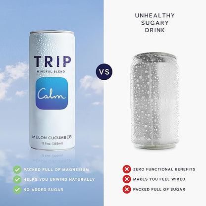 Trip Mindful Blend, Lightly Sparkling Adaptogen Seltzer, Mocktail w/ 120mg Magnesium Citrate with Ashwagandha, Lions Mane & L Theanine, No Added Sugar, Vegan, Melon Cucumber, 12 Oz, 12Pk