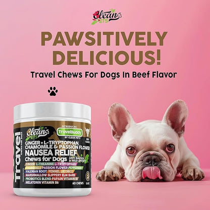 Travel Chews Nausea Relief for Dogs | Ginger L-Tryptophan Chamomile Passion Flower L-Theanine Peppermint Valerian Root Fennel Licorice Root Marshmallow Root Slippery Elm Melatonin Chew