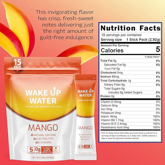 Wake Up Water - Energy + Hydration Sugar Free 15 Packs, Mango Flavor - Energy Drink Powder, Electrolytes Powder Drink, Natural Caffeine Mix Packet, B Vitamins, 5 Calories, Gluten Free - .10 oz (2.9g)
