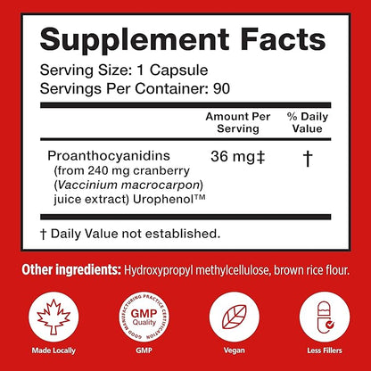 Utiva Cranberry PACs – Clinically Studied Ingredients 36mg PACs for UTI Avoidance - Supplement for Urinary Tract Health for Women and Men – Cranberry Extract Pills for Bladder Health, 90 Vegi Capsules