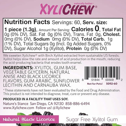 Xylichew 100% Xylitol Chewing Gum Jars - Non GMO, Gluten, Aspartame, and Sugar Free Gum - Natural Oral Care, Relieves Bad Breath and Dry Mouth - Licorice, 60 Count (Pack of 4)
