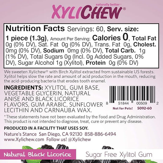 Xylichew 100% Xylitol Chewing Gum Jars - Non GMO, Gluten, Aspartame, and Sugar Free Gum - Natural Oral Care, Relieves Bad Breath and Dry Mouth - Licorice, 60 Count (Pack of 4)