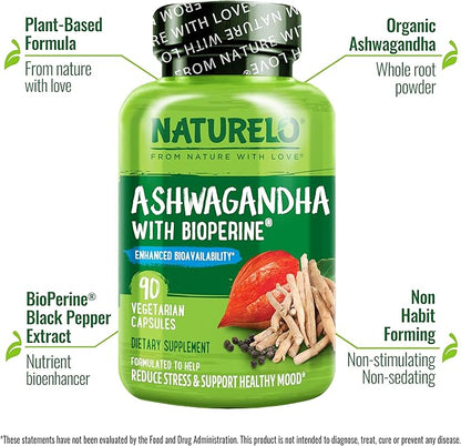 NATURELO Ashwagandha Organic Root Powder - Natural Herbs Supplement for Fatigue, Stress Relief, Mood Enhancer - with Black Pepper Extract - 90 Vegan Capsules (Pack of 2)