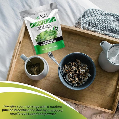 AKI Cruciferous Superfood Green Mix Powder - Made from Kale, Broccoli, Brussels Sprouts, Cabbage - Packed with Essential Phytonutrients & Vitamins ((16oz/454g))