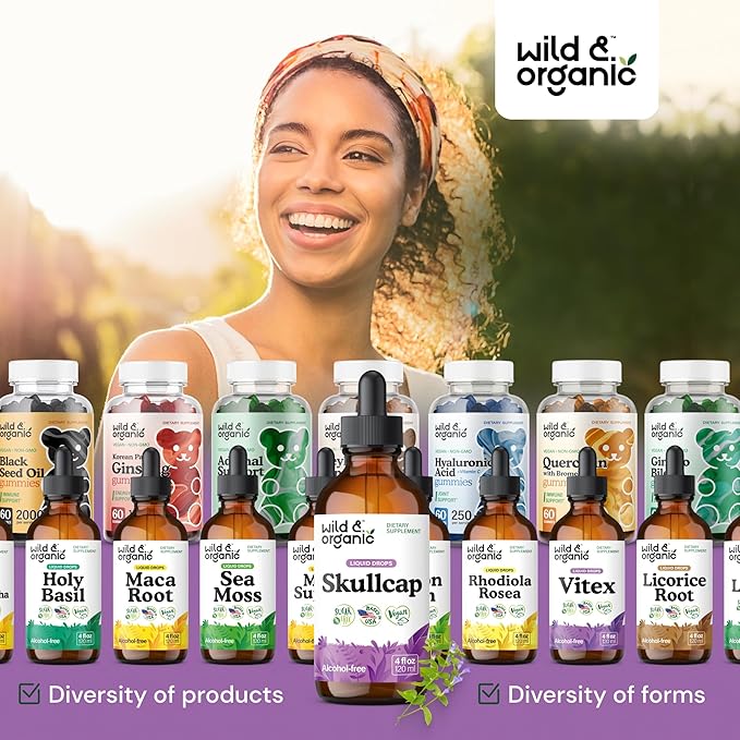 Wild & Organic Skullcap Herb Tincture - Skullcap Supplement for Mood Support - Relaxing Liquid Extract Drops - Vegan, Sugar & Alcohol-Free - 4 fl oz