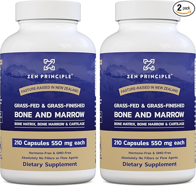 Zen Principle Grass Fed Beef Bone Marrow Supplement, 3300mg. Skin, Oral Health, and Joint Support. Promotes Whole-Body Wellness. Whole Bone Extract, 2-Pack, 420 Capsules (210 Capsules Per Bottle).