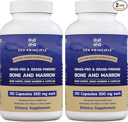Zen Principle Grass Fed Beef Bone Marrow Supplement, 3300mg. Skin, Oral Health, and Joint Support. Promotes Whole-Body Wellness. Whole Bone Extract, 2-Pack, 420 Capsules (210 Capsules Per Bottle).