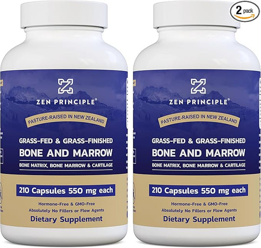 Zen Principle Grass Fed Beef Bone Marrow Supplement, 3300mg. Skin, Oral Health, and Joint Support. Promotes Whole-Body Wellness. Whole Bone Extract, 2-Pack, 420 Capsules (210 Capsules Per Bottle).