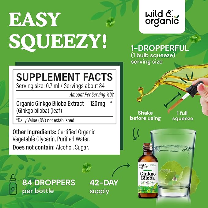 Wild & Organic Ginkgo Biloba Tincture - Brain & Focus Support with Ginkgo Leaf Supplement - Vegan, Sugar & Alcohol-Free Herbal Extract Tincture - 2 fl oz