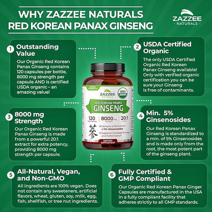 Zazzee USDA Organic Red Korean Panax Ginseng 20:1 Extract, 1000 mg, 5% Ginsenosides, 120 Vegan Capsules, Standardized and Concentrated 20X Root Extract, 100% Vegetarian, All-Natural, Made in The USA
