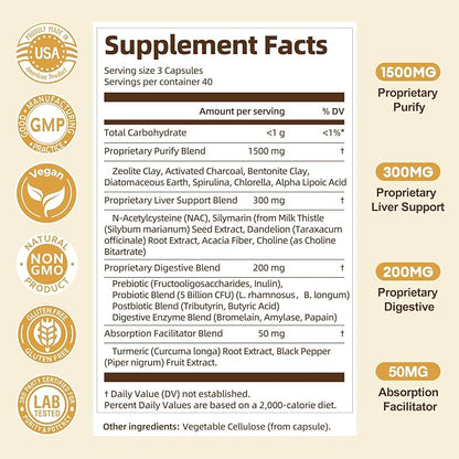 2000MG All-in-1 Detox Binder, Activated Charcoal, Zeolite, Bentonite Clay, Alpha Lipoic Acid, 7-Layer Detox & Cleanse Supplement, Liver & Gut Support, 120 Counts