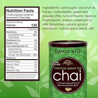 Tortoise Green Tea Chai Tea Latte Mix, 14 Oz, Green Tea, Organic Spices, Dairy Free, Serve Hot or Cold, Just Add Water or Milk, 14 Servings