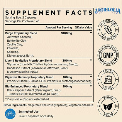 All-In-One Detox Binder Supplement 1500 MG - High Bioavailability, Liver Gut Detox Cleanse with Activated Charcoal, Zeolite & Bentonite Clay for Toxins, Liver, Digestive, 180 Vegan Capsules