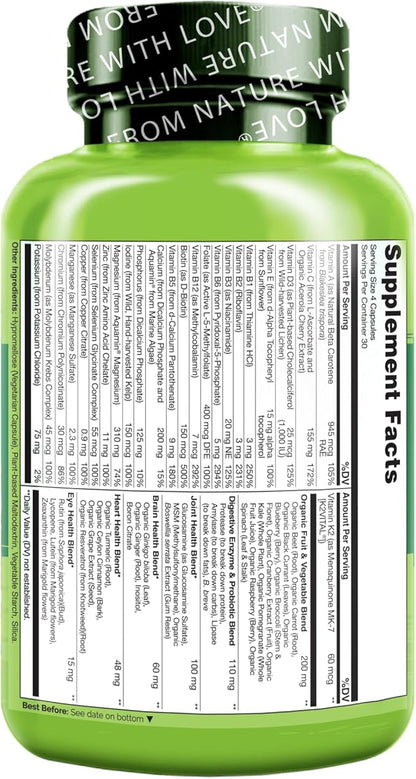 NATURELO Whole Food Multivitamin for Women 50+ (Iron Free) with Vitamins, Minerals, & Organic Extracts - Supplement for Post Menopausal Women Over 50 - No GMO - 120 Vegan Capsules