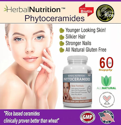 Phytoceramides Rice Based with Biotin Anti Aging Supplement, Wrinkle Remover and Facial Moisturizing with Phytoceramides Vitamin A, C, D and E, Two Bottle Pack, 120 Capsules 40mg, Gluten Free