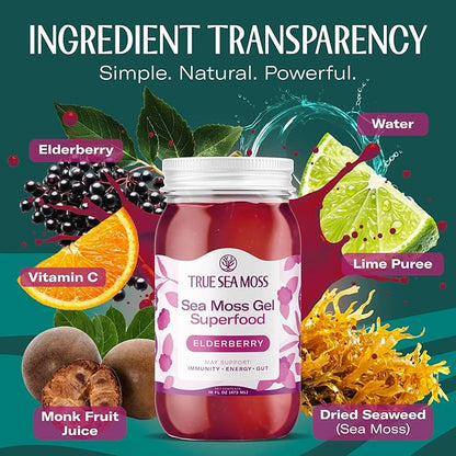 TrueSeaMoss Sea Moss Gel – Made in USA – Wildcrafted Seamoss, Fresh Fruits & Sea Vegetables – Elderberry, Pack of 2 (Labels may Vary)