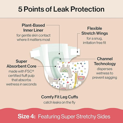 The Honest Company Clean Conscious Diapers for Delicate Skin | Up to 100% Leakproof | Hypoallergenic, Fragrance Free | Girl Prints | Club Box, Size 4 (22-37 lbs), 54 Count (Prints May Vary)