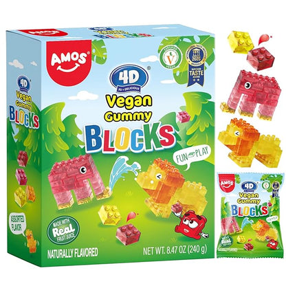 AMOS 4D Vegan Gummy Blocks Candy – Assorted Fruit Flavors, Made with Real Juice, Fun-to-Build Edible Blocks, Fat-Free, 8.47oz (240g)