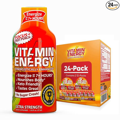 Vitamin Energy Focus+ Extra Strength Energy Shot Fruit Punch 24 Pack, 260mg Natural Caffeine, B-Vitamins, CoQ10, Amino Acids, Focus, Productivity & Clarity, Zero Sugar, Gluten-Free, 1.93 fl oz