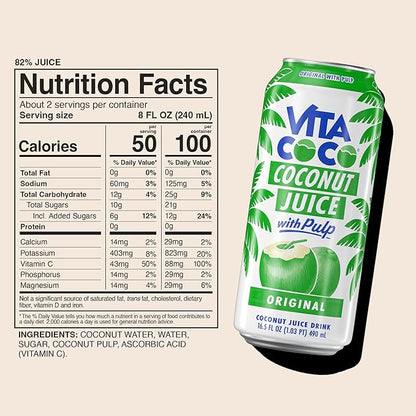 Vita Coco Coconut Juice, Original with Pulp | Big, Bold Coconut Taste | Natural Electrolytes | Sweet, Refreshing Hydration | 16.9 oz can (Pack of 12)