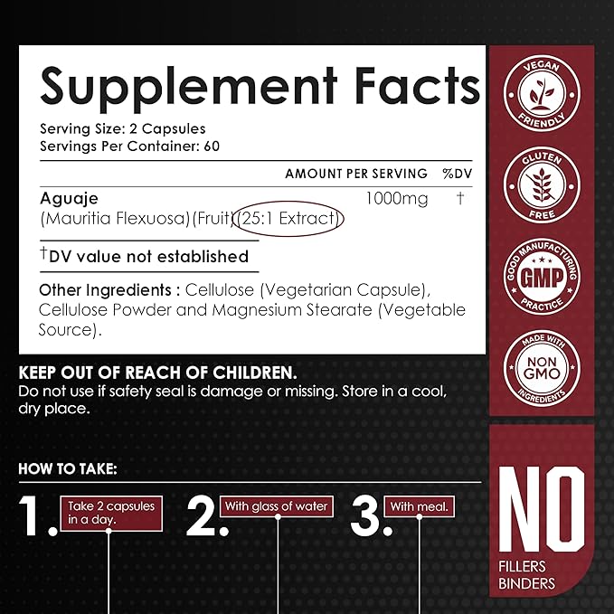 Amalth Aguaje Curves Capsule for Women 1000 mg- Extra Strength from Peru Natural Supplements- 120 Capsules Non- GMO Premium Quality Pills