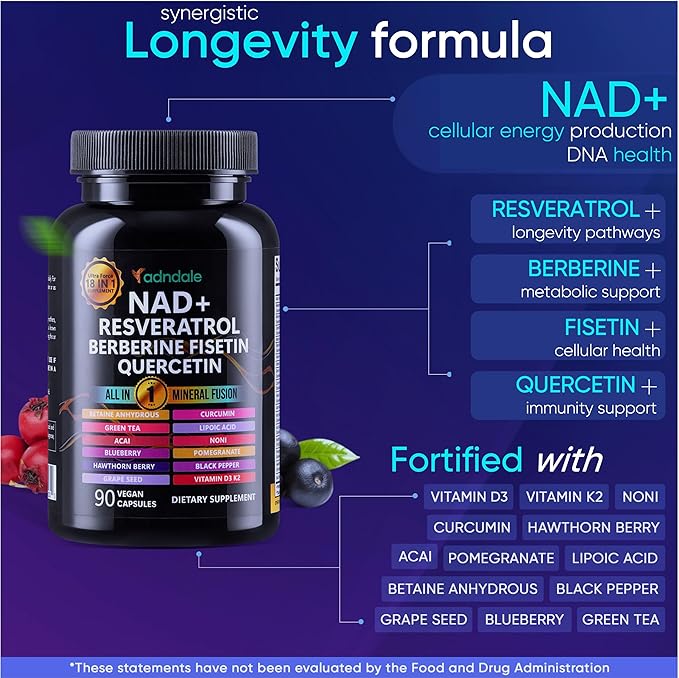 Adndale NAD Supplement. Longevity Formula with Liposomal NAD+, Trans Resveratrol, Quercetin, Berberine, Betaine Anhydrous, Grape Seed, Fisetin. NAD Resveratrol Supplement with Berberine 90 Capsules.
